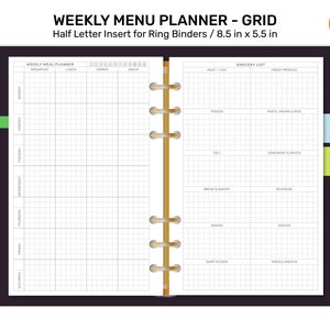 May include: A black and white weekly menu planner with a grid layout. The planner is designed for use with a ring binder and measures 8.5 inches by 5.5 inches. The left side of the planner is for meal planning and the right side is for grocery lists.