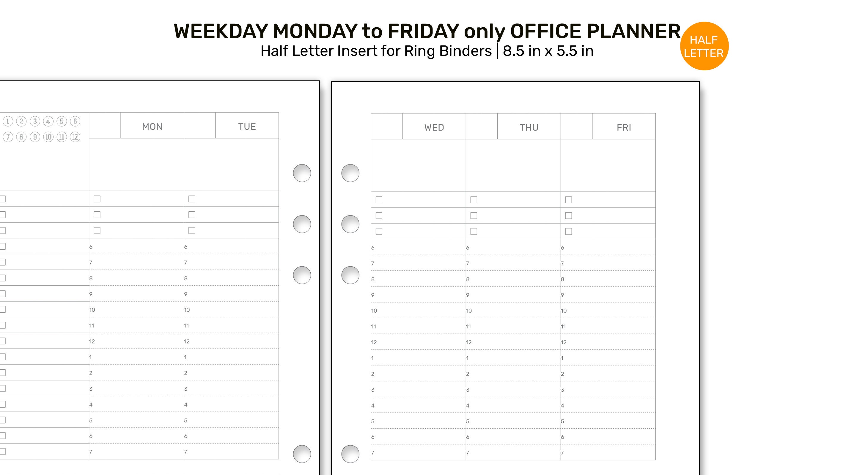 HALF LETTER Week Days ONLY Weekly Work or School Printable Planner ...