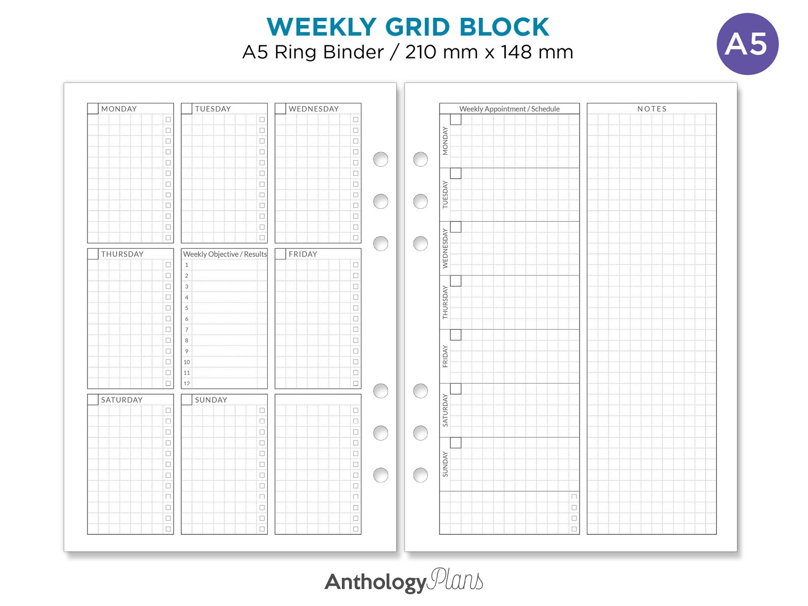 A5 Size Ring Weekly View Unique BLOCK Grid - Etsy