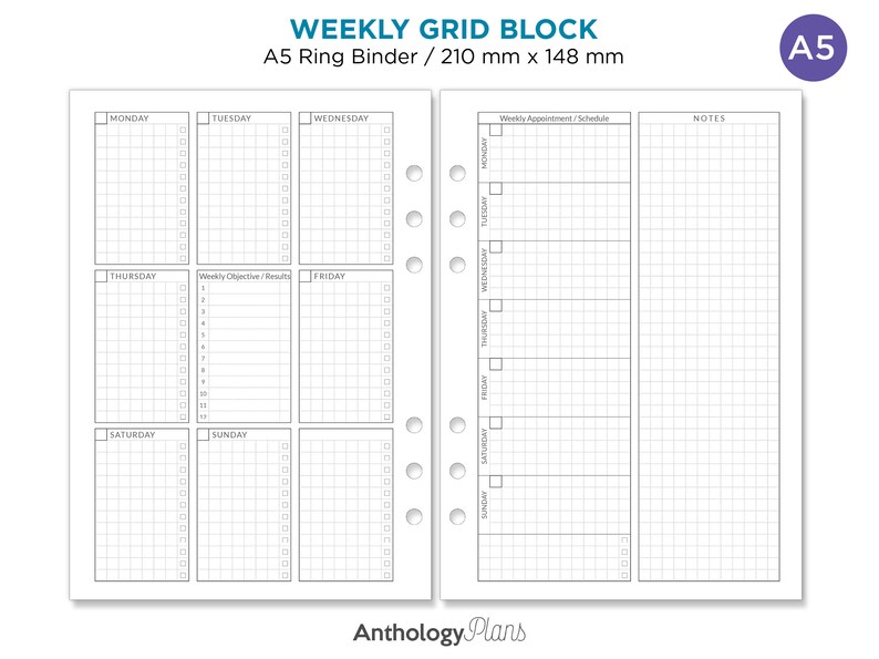 A5 Size Ring Weekly View Unique BLOCK Grid - Etsy