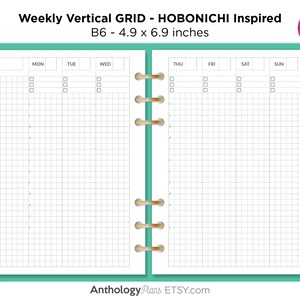 May include: A printable weekly planner page with a vertical grid layout. The page is divided into seven columns for each day of the week, with a space at the top for writing the date. The page is designed to be used with a B6 size planner, which is 4.9 inches by 6.9 inches.