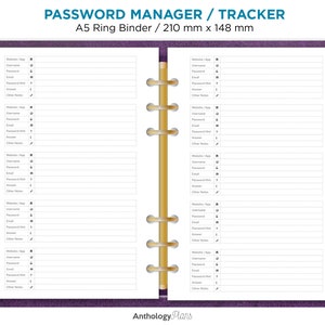 A5 SENHA Tracker Manager Printable Planner Inserir Minimalista Funcional