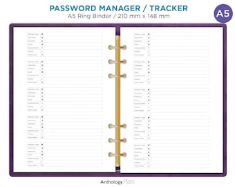 A5 PASSWORD Tracker Manager Printable Planner Insert Minimalist Functional