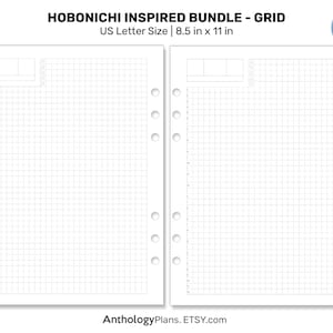 May include: A printable grid notebook page in US Letter size, 8.5 inches by 11 inches, with a grid pattern and a header that says "Hobonichi Inspired Bundle - Grid".