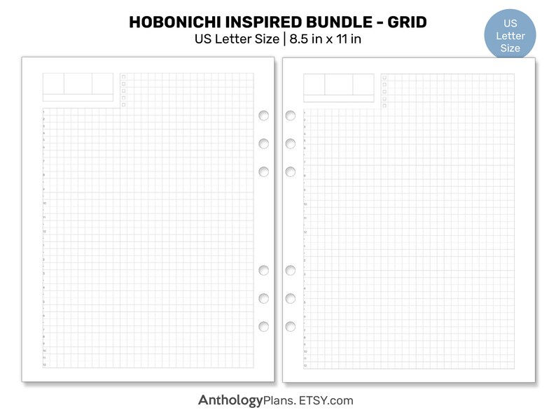 May include: A printable grid notebook page in US Letter size, 8.5 inches by 11 inches, with a grid pattern and a header that says "Hobonichi Inspired Bundle - Grid".