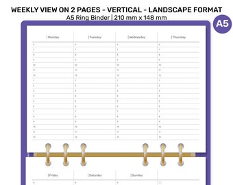 A5 Weekly on 2 Pages VERTICAL - Landscape View - Wo2P Printable Planner Insert for Ring Binder Minimalist