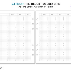 Può includere: Un planner settimanale in bianco e nero con blocchi di tempo di 24 ore. Il planner è progettato per l'uso in un raccoglitore ad anelli A5 e misura 210 mm x 148 mm.