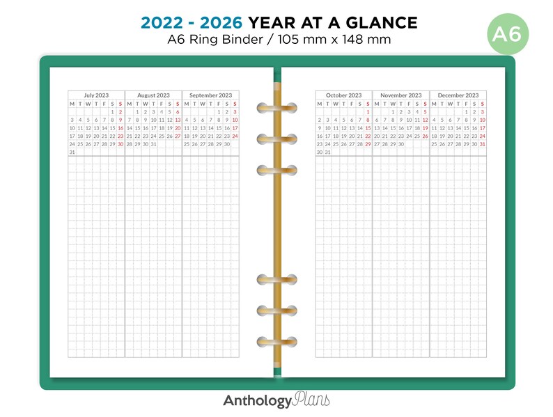 5 Year Planner 2022 2026 A6 Filofax Quarter Printable Refill Etsy