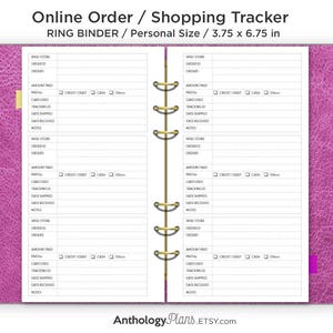 May include: A pink leather-bound notebook with a gold ring binder. The notebook is designed for tracking online orders and shopping. It has sections for web store, order ID, amount paid, card used, tracking ID, date shipped, date received, and notes. The notebook is 3.75 inches by 6.75 inches.