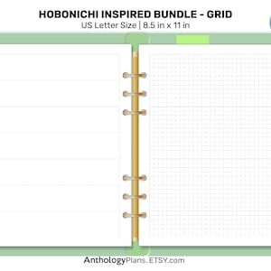 May include: A green and white printable planner with a gridded page on the right and a weekly planner on the left. The planner is 8.5 inches by 11 inches and is labeled "Hobonichi Inspired Bundle - Grid".