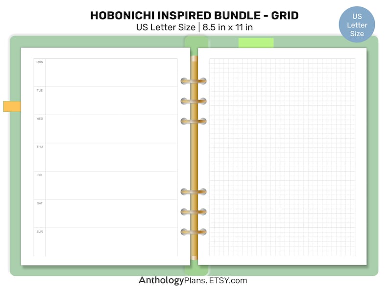 May include: A green and white printable planner with a gridded page on the right and a weekly planner on the left. The planner is 8.5 inches by 11 inches and is labeled "Hobonichi Inspired Bundle - Grid".