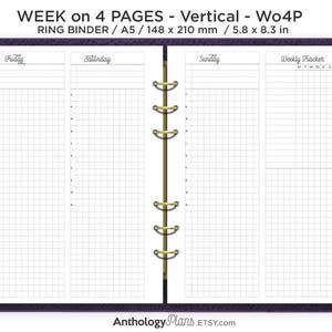 A5 Week on 4 Pages - Vertical GRID - Printable Insert Ring Binder- w/ Weekly Tracker - WO4P - Fancy Script Typography