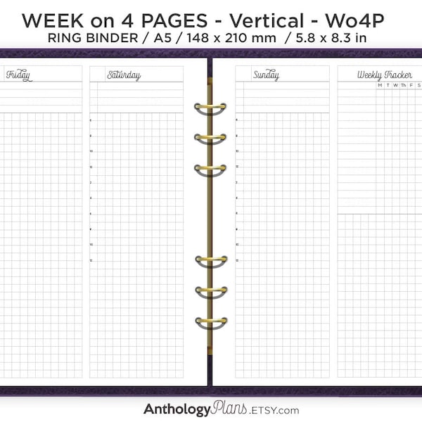 A5 Week on 4 Pages - Vertical GRID - Printable Insert Ring Binder- w/ Weekly Tracker - WO4P - Fancy Script Typography