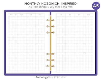 A5 Monthly View - Hobonichi-Inspired - Mo2P Minimalist Functional - Monday or Sunday Start