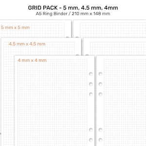 A5 Grid Pack 5 mm, 4.5 mm, 4 mm Printable Insert for Ring Binders