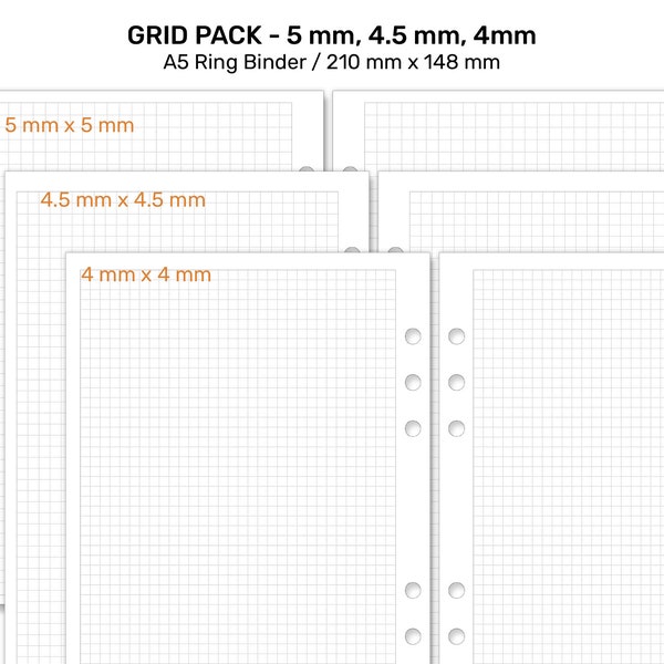 A5 Grid Pack 5 mm, 4.5 mm, 4 mm Printable Insert for Ring Binders