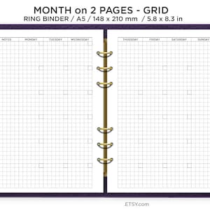 A5 Insert GRID Monthly View Printable Planner PDF Mo2P Minimalist Undated Monday
