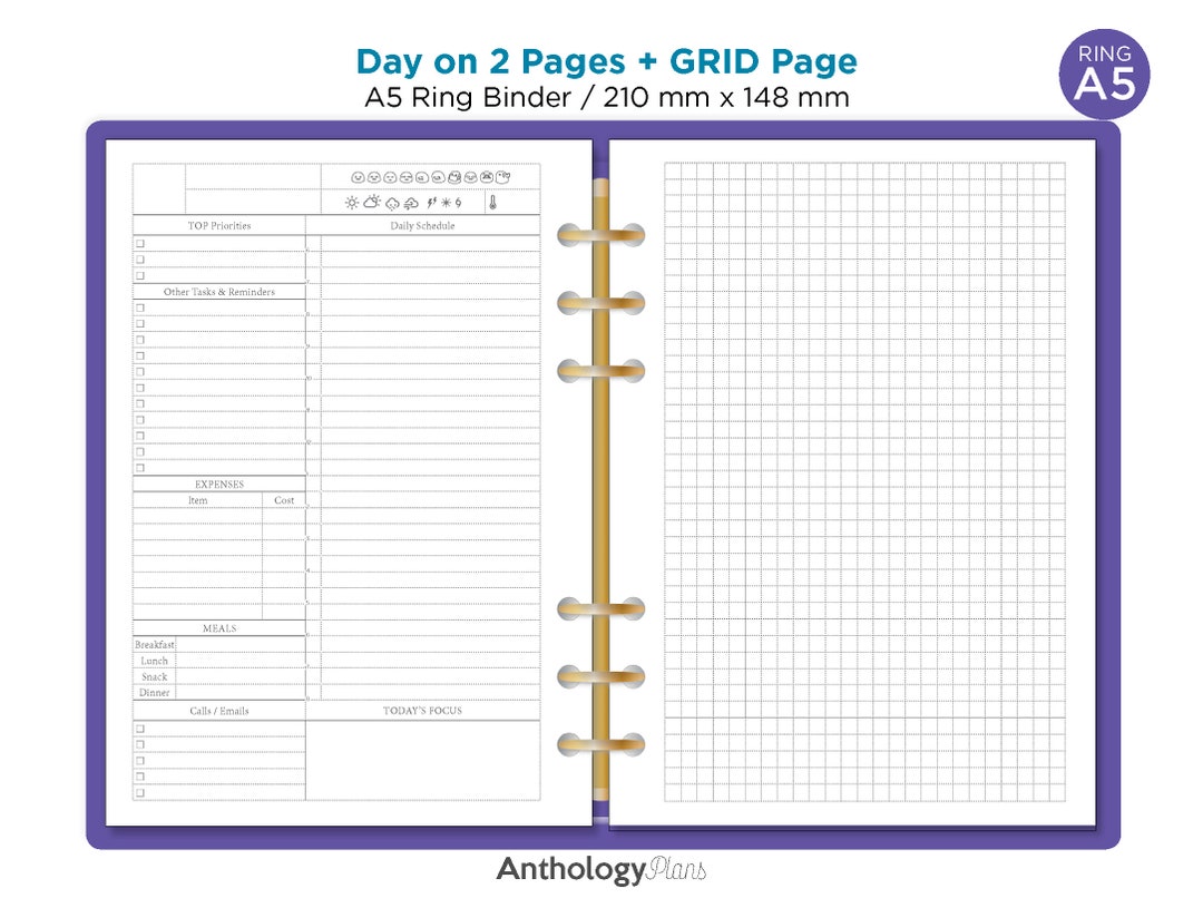 A5 Daily on 2 Pages Printable Refill Insert Do2p With GRID Notes ...