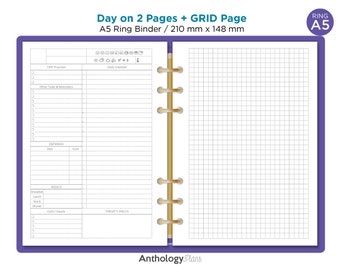 A5 Daily on 2 Pages Printable Refill Insert Do2P with GRID notes Minimalist & Functional Planning