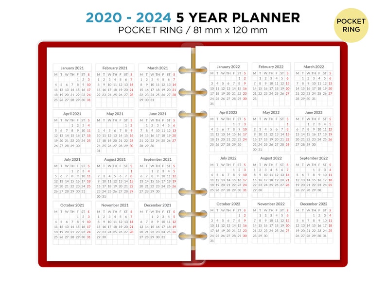 5 Year Planner 2020 2024 POCKET Filofax Printable Refill Etsy