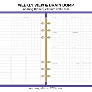 May include: A weekly planner with a brain dump section. The planner is designed for an A5 ring binder and measures 210 mm by 148 mm. The planner has a purple cover and a gridded layout.