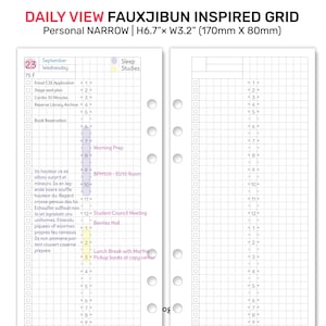 May include: A printable planner page with a grid layout, labeled "DAILY VIEW FAUXJIBUN INSPIRED GRID." The page is 6.7 inches high and 3.2 inches wide. It includes a section for daily scheduling, with space for notes and a date at the top.