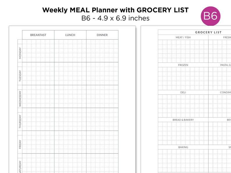 B6 Weekly MEAL Planner Printable Planner Insert MENU Plans With Grocery ...
