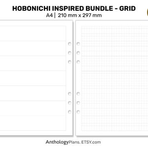 May include: A printable A4 size (210 mm x 297 mm) Hobonichi inspired planner bundle with a weekly layout and a grid page. The weekly layout has space for each day of the week, Monday through Sunday. The grid page has a 5 mm grid.