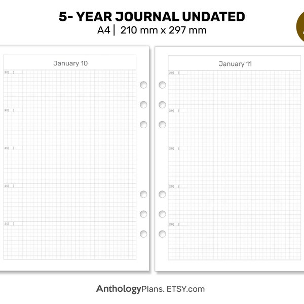 A4 5 YEAR Planner Journal Undated- GRID Format for Memory Keeping | Printable Planner Insert