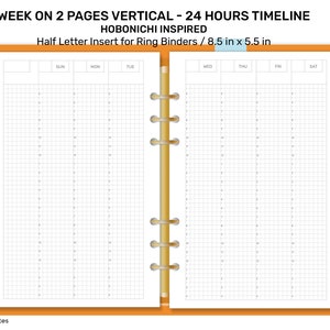 MEDIA CARTA - Diseño de cuadrícula vertical inspirado en HOBONICHI - Semana en 2 páginas Cronología de 24 horas