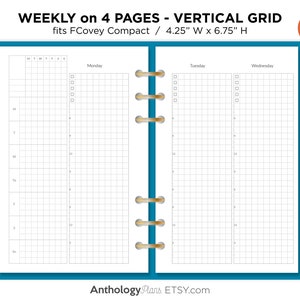 Puede incluir: Una página de planificador imprimible diseñada para el planificador FCovey Compact. La página está dividida en cuatro secciones, cada una con un diseño de cuadrícula. Las secciones están etiquetadas como "Lunes", "Martes" y "Miércoles". La página está diseñada para la planificación semanal y mide 10,8 cm de ancho por 17,1 cm de alto.