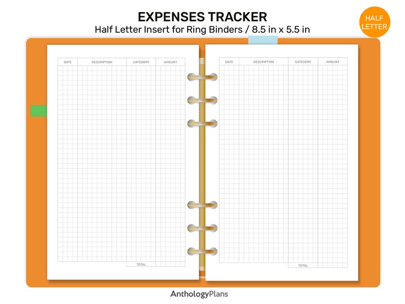 HALF LETTER Expense Tracker GRID Printable Planner Insert for Ring ...