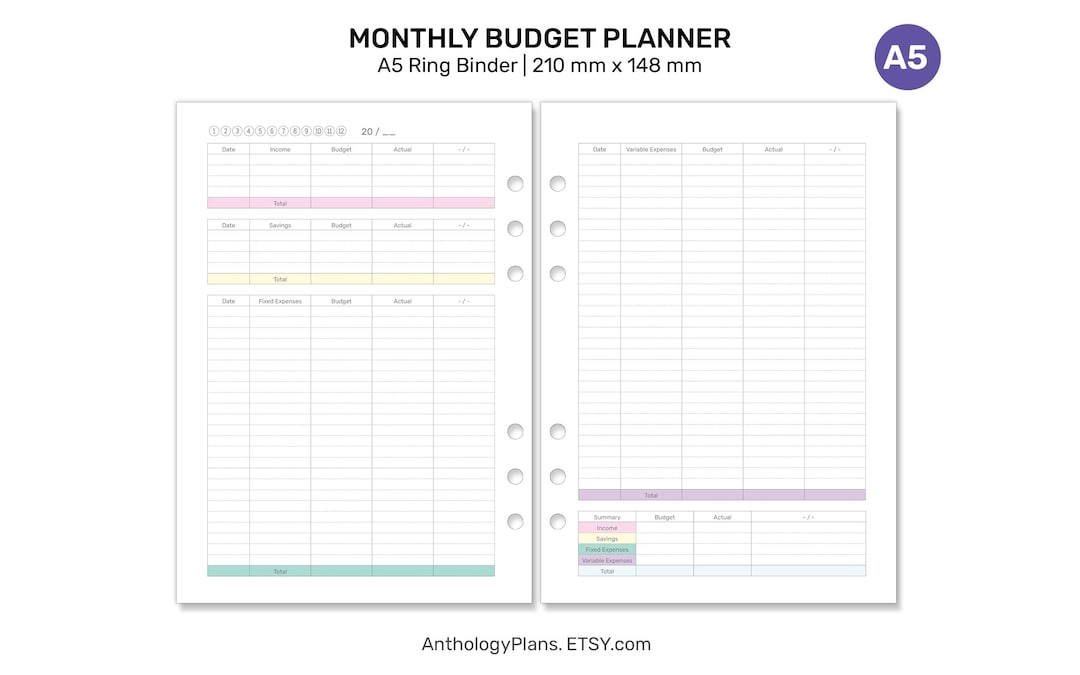 A5 Monthly Budget Planner Printable Insert for Ring Binder - Income ...