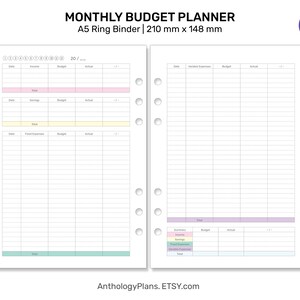 A5 Monthly Budget Planner Printable Insert for Ring Binder - Income, Savings, Expenses Log - Personal Finance Tracker A522-031