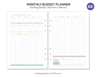 A5 Monthly Budget Planner Printable Insert for Ring Binder - Income, Savings, Expenses Log - Personal Finance Tracker A522-031