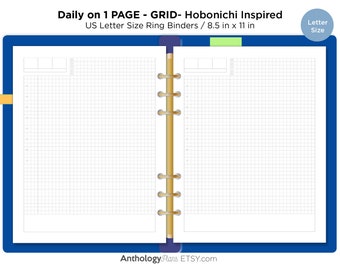 May include: A printable daily planner page with a grid layout, designed to be used in a US Letter size ring binder. The page is 8.5 inches by 11 inches and is inspired by the Hobonichi planner.
