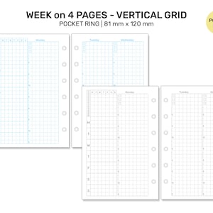 Puede incluir: Un planificador semanal con un diseño de cuadrícula vertical, diseñado para una carpeta de anillas de bolsillo. El planificador está dividido en cuatro páginas, cada una con un día diferente de la semana. Las páginas miden 81 mm por 120 mm.