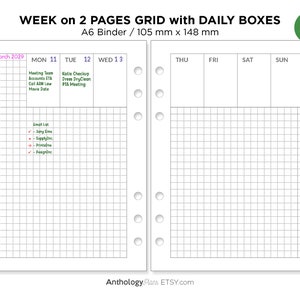 May include: A printable A6 planner page with a grid layout for a week, with daily boxes for Monday through Sunday. The page is designed for a binder and measures 105 mm by 148 mm. The page is dated March 2029 and includes a to-do list.