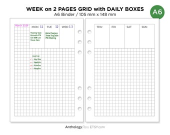 A6 Weekly GRID with DAILY Boxes with Printable Insert for Ring Binder Planners | Minimalist Functional - A6010