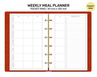 May include: A weekly meal planner with a red cover and a white interior. The planner has a pocket ring binding and is 81 mm by 120 mm. The planner has a section for each day of the week and a grocery list section.