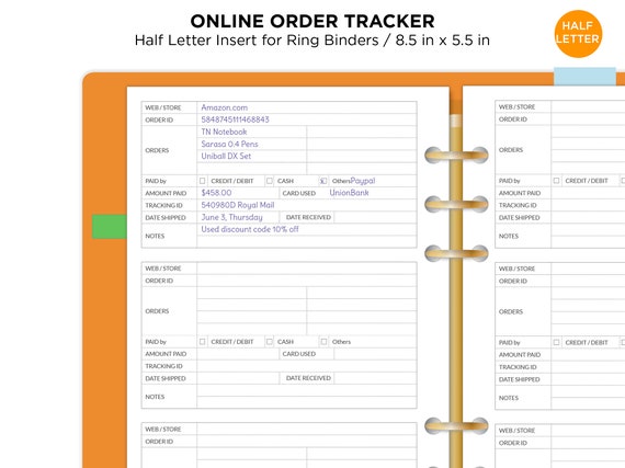 Online Order Tracker Half Letter Filofax Printable Insert Etsy