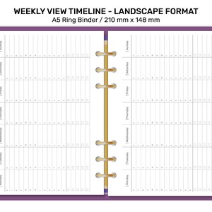 K&ouml;nnte beinhalten: Ein Wochenplaner im Querformat mit Zeitleiste. Der Planer ist f&uuml;r einen A5-Ringordner konzipiert und misst 210 mm x 148 mm. Der Planer hat einen violetten Einband und ein wei&szlig;es Innere mit einem Rasterlayout. Die Wochentage sind links und rechts auf dem Planer aufgelistet. Der Planer hat eine goldfarbene Bindung.