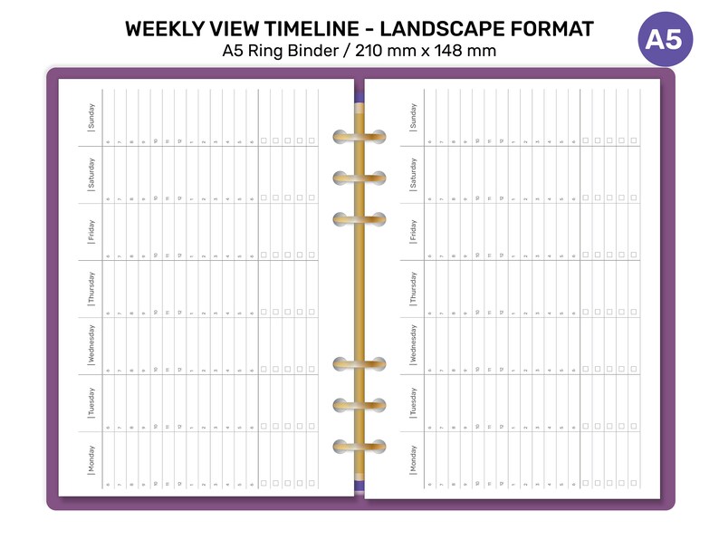 K&ouml;nnte beinhalten: Ein Wochenplaner im Querformat mit Zeitleiste. Der Planer ist f&uuml;r einen A5-Ringordner konzipiert und misst 210 mm x 148 mm. Der Planer hat einen violetten Einband und ein wei&szlig;es Innere mit einem Rasterlayout. Die Wochentage sind links und rechts auf dem Planer aufgelistet. Der Planer hat eine goldfarbene Bindung.