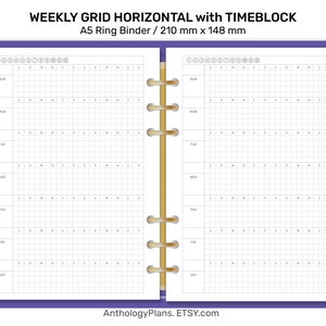A5 semanal em uma página GRID horizontal com bloco de tempo, fichário de argolas, planejador imprimível, inserção | Wo1P minimalista