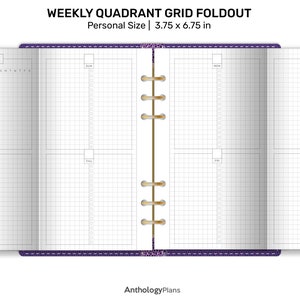 May include: A weekly quadrant grid foldout planner in personal size, measuring 3.75 x 6.75 inches. The planner features a grid layout with sections for each day of the week, with a purple cover and gold binding rings. The text "WEEKLY QUADRANT GRID FOLDOUT" is at the top.