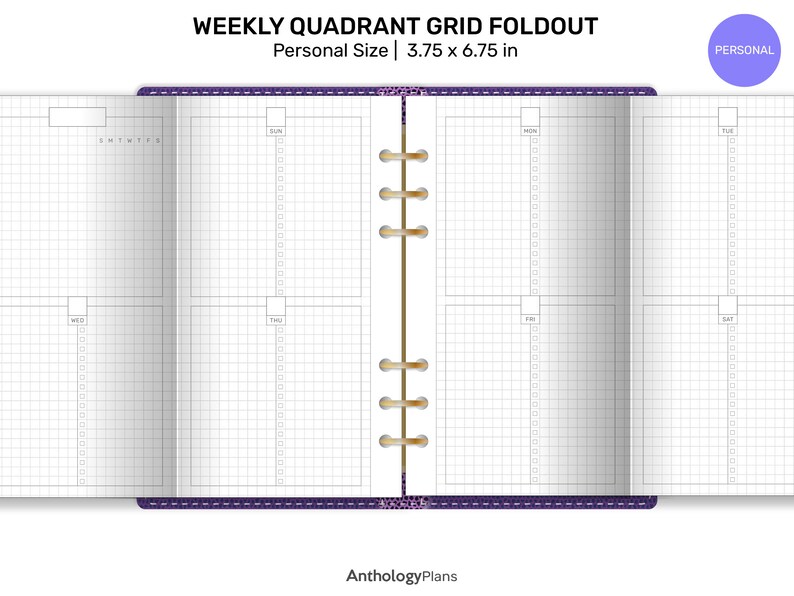 May include: A weekly quadrant grid foldout planner in personal size, measuring 3.75 x 6.75 inches. The planner features a grid layout with sections for each day of the week, with a purple cover and gold binding rings. The text "WEEKLY QUADRANT GRID FOLDOUT" is at the top.