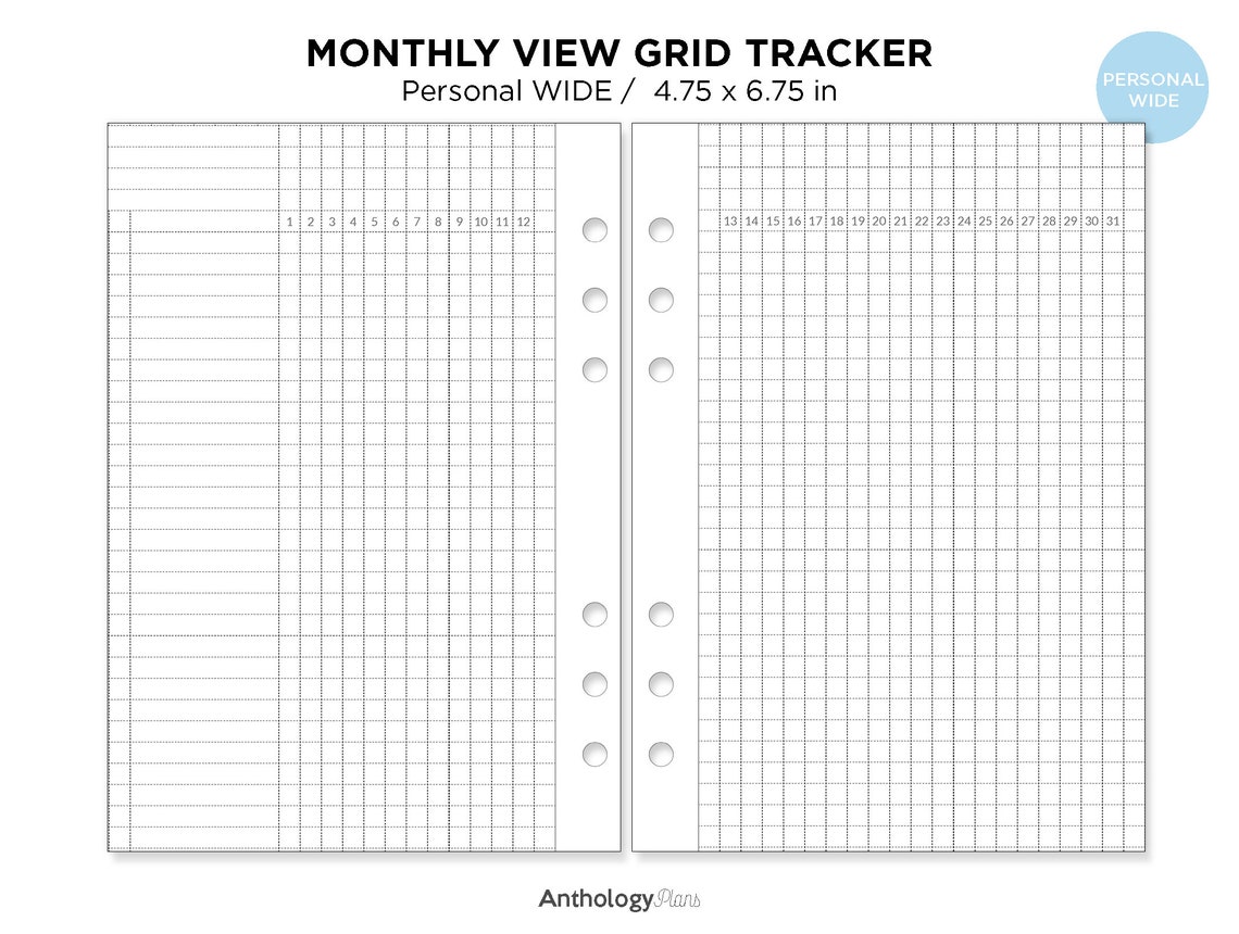 Personal Wide Monthly Tracker GRID Printable Planner Insert - Etsy