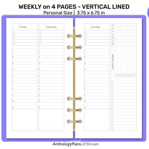 May include: A printable planner page for a personal size planner. The page is divided into four sections: Friday, Saturday, Sunday, and a weekly tracker. The page is designed with vertical lines and includes checkboxes for each day.