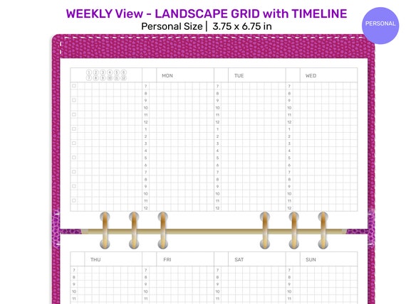Personal Ring WEEKLY LANDSCAPE Format GRID with Time Line Printable Planner Insert FP22-012