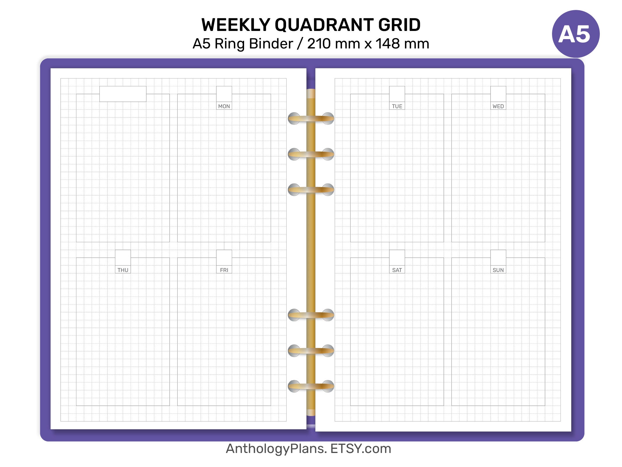 A5 Weekly GRID Quadrant Undated Printable Ring Binder Refill Planner ...